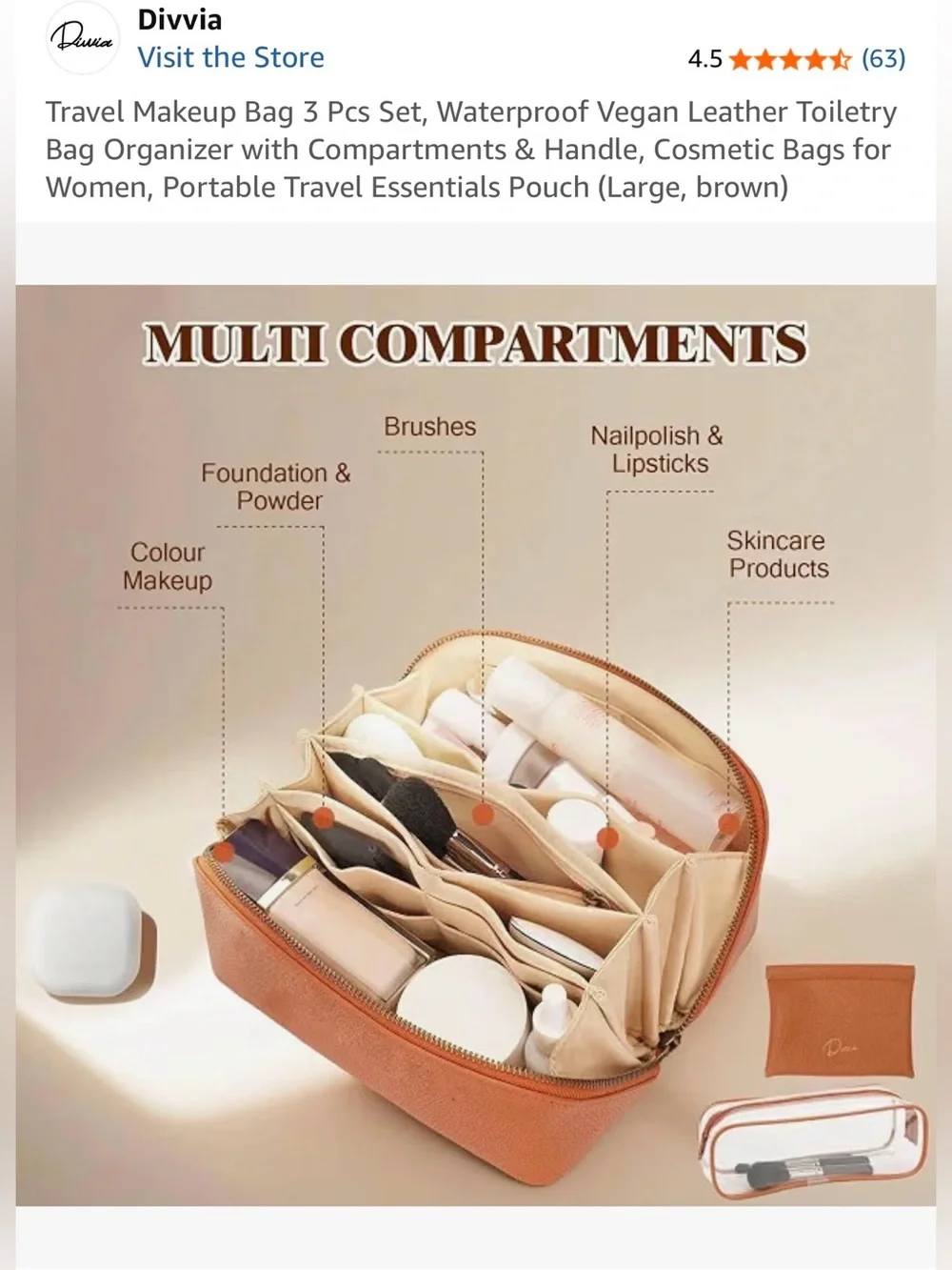 Divvia Travel Makeup 3 Pcs Set, Waterproof Leather Organizer - Large